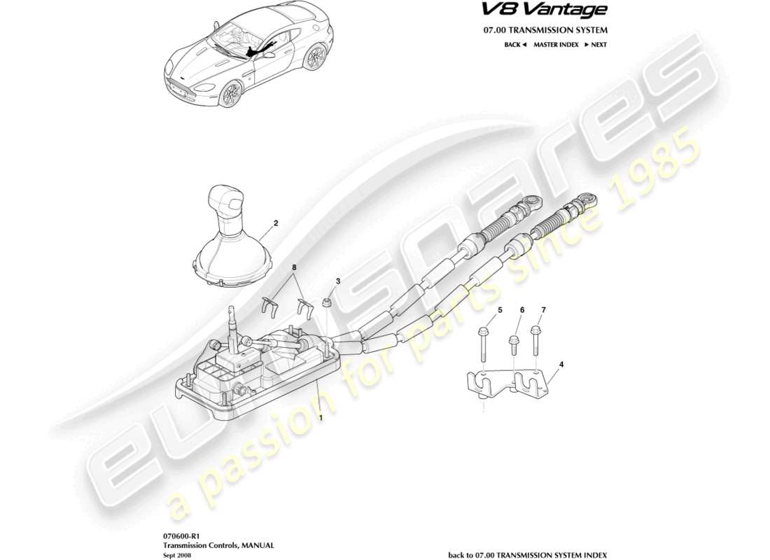 aston martin v8 vantage (2010) ensemble de levier de vitesses, schéma des pièces du manuel