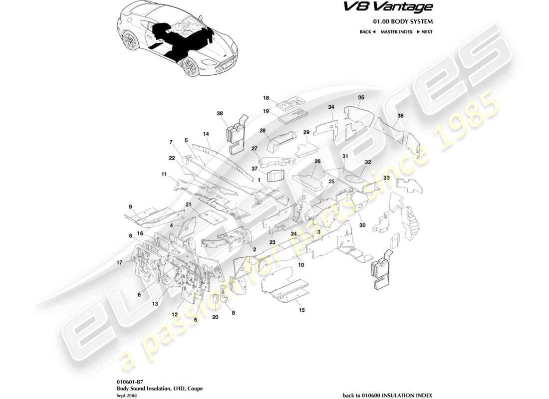 aston martin v8 vantage (2010) isolation de la carrosserie, diagramme de pièces lhd