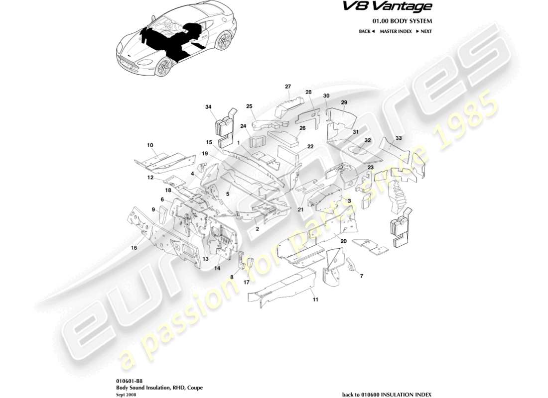 aston martin v8 vantage (2010) isolation de la carrosserie, diagramme de pièces rhd