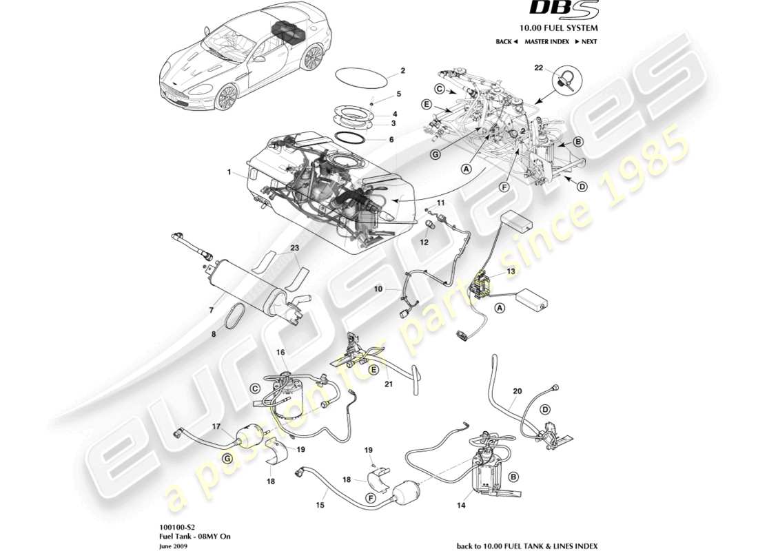 aston martin dbs (2013) ensemble réservoir de carburant, 08my activé schéma des pièces