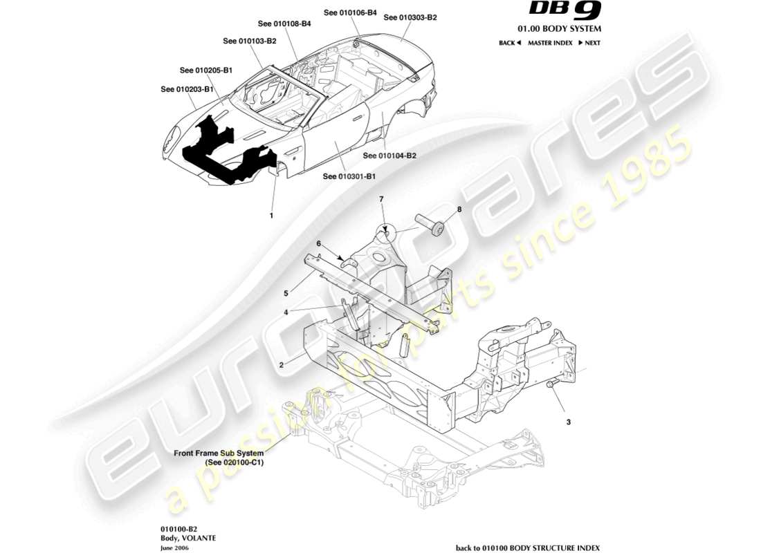aston martin db9 (2008) corps, diagramme de pièce volante