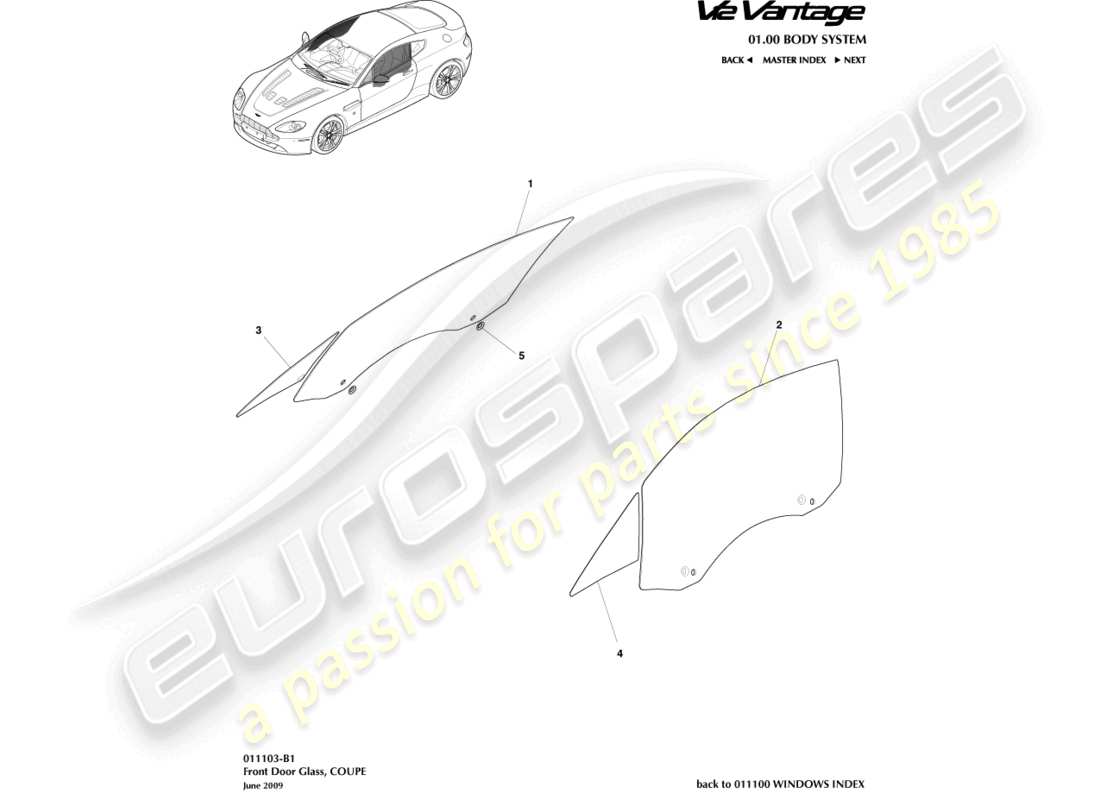 aston martin v12 vantage (2010) vitre de porte, schéma des pièces du coupé