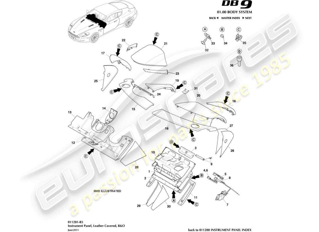 aston martin db9 (2004) tableau de bord, cuir, diagramme des pièces b&o