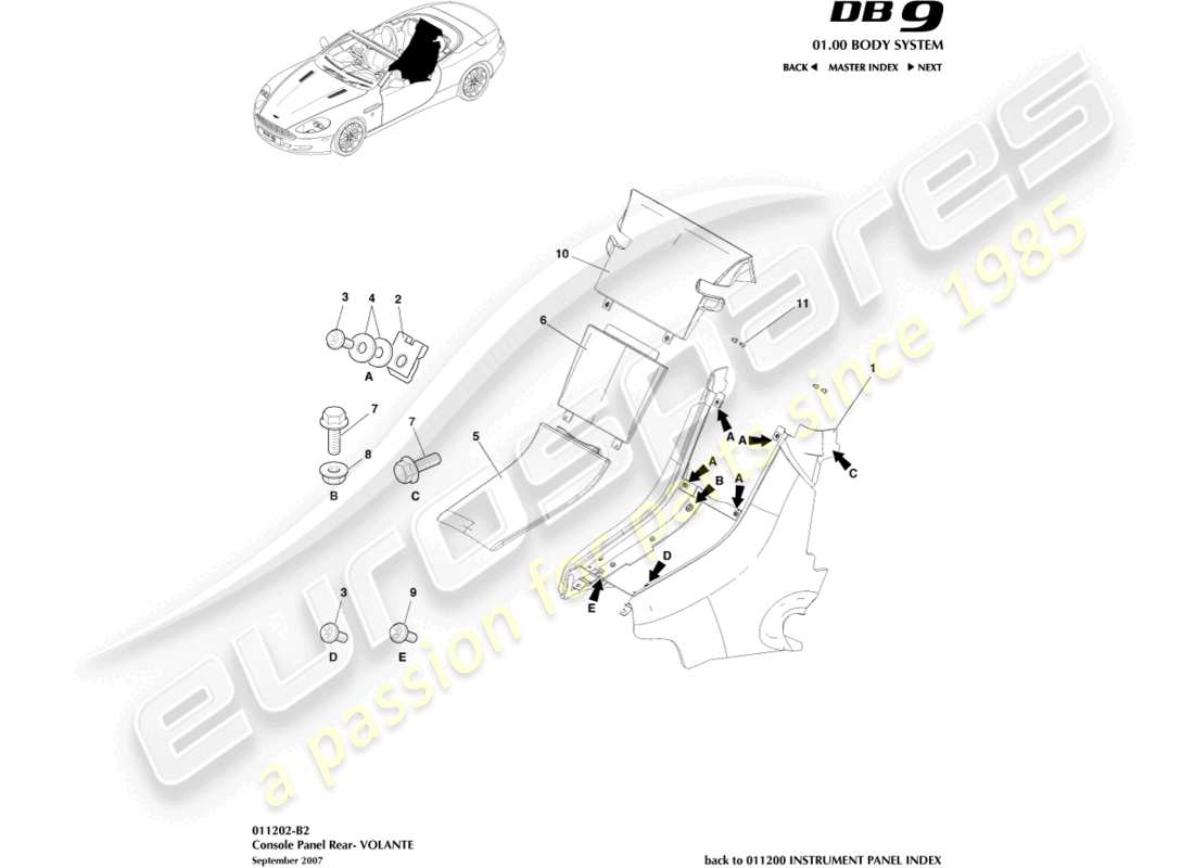 aston martin db9 (2008) console arrière, diagramme de pièce volante