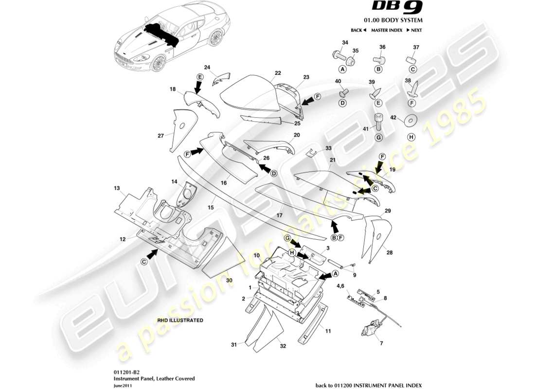 aston martin db9 (2008) tableau de bord, diagramme des pièces en cuir