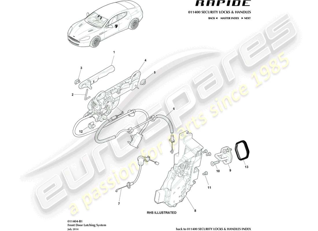 aston martin rapide (2011) schéma des pièces du loquet de porte avant