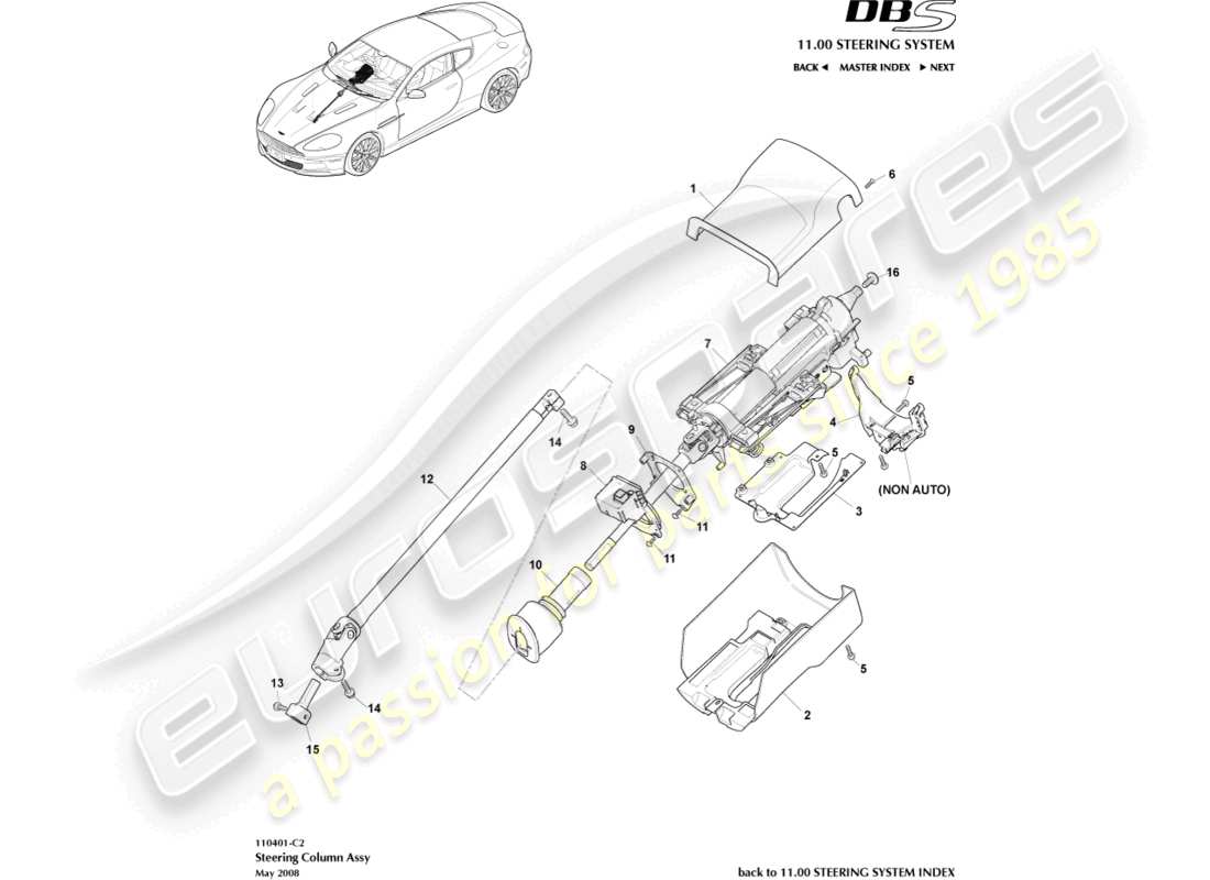 aston martin dbs (2012) assemblage de colonne de direction schéma des pièces