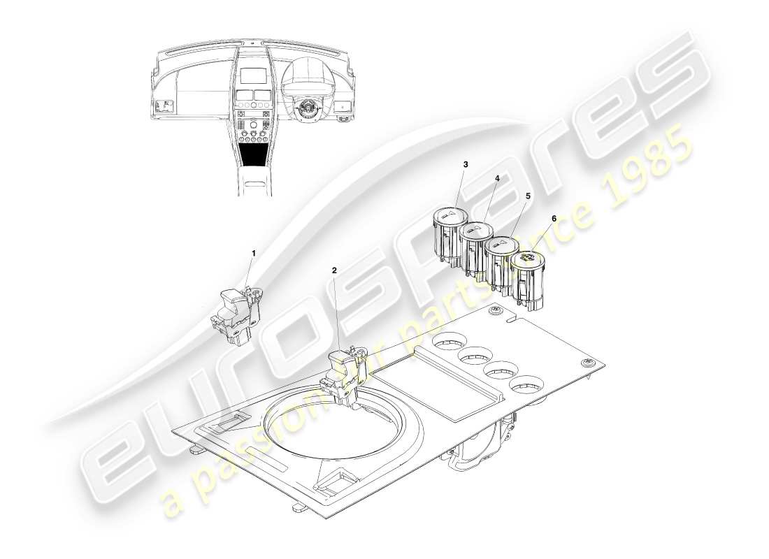 aston martin v8 vantage (2007) commutateurs de console, coupé, diagramme de pièce rhd