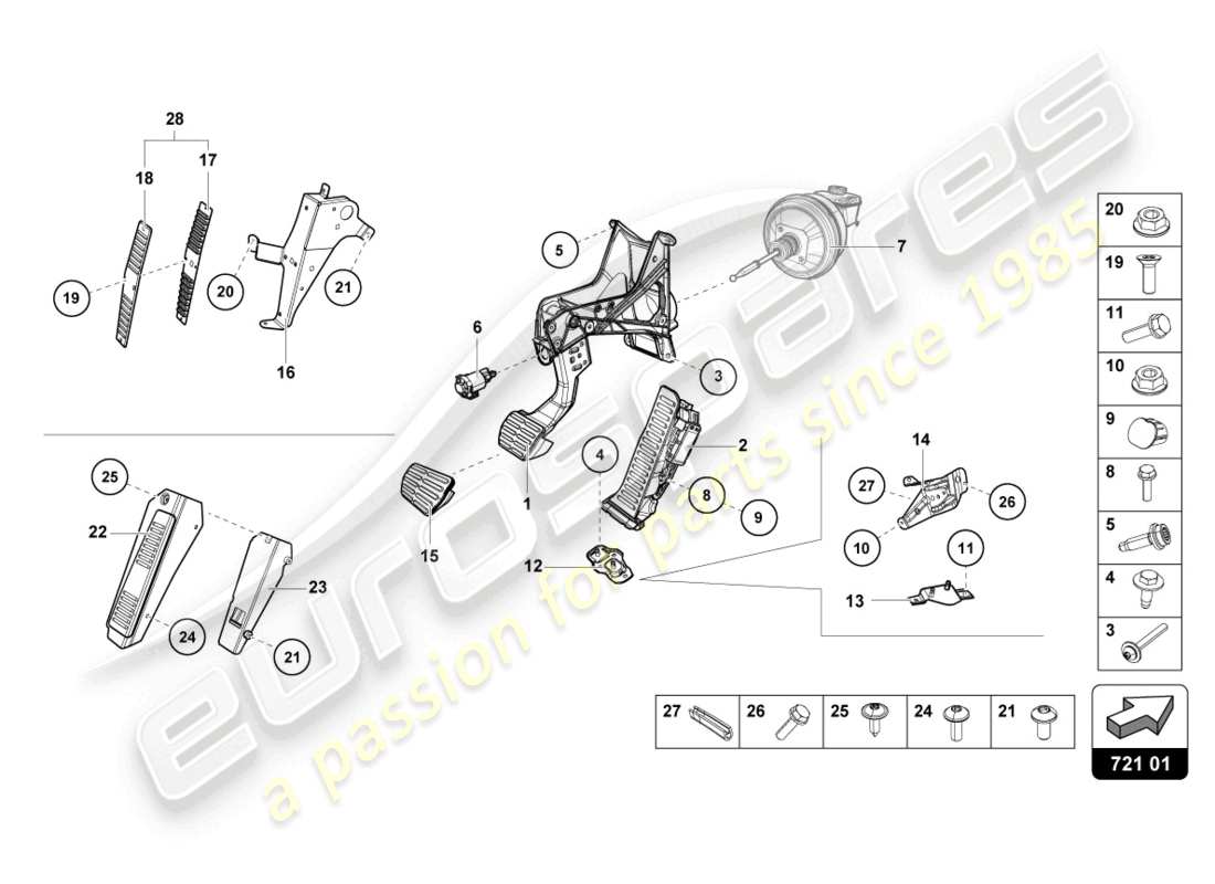 lamborghini tecnica (2024) freinage et accélération. levier mech. diagramme de pièce