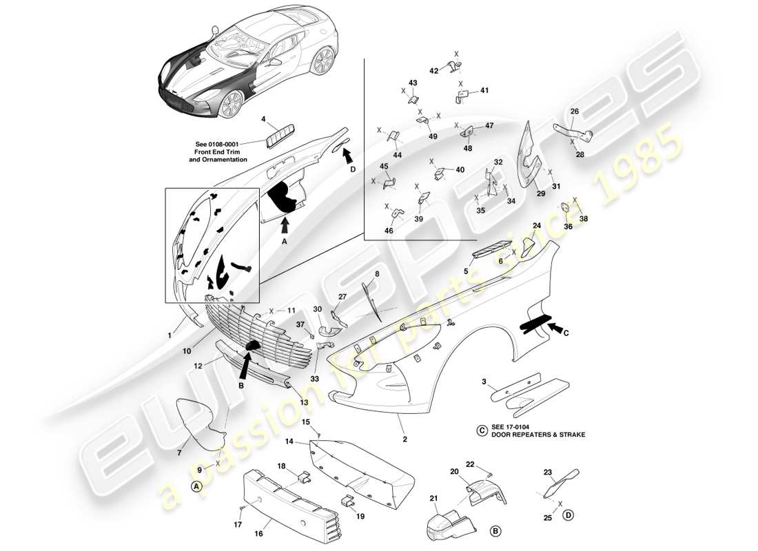 aston martin one-77 (2011) diagramme des pièces des ailes avant et de la calandre