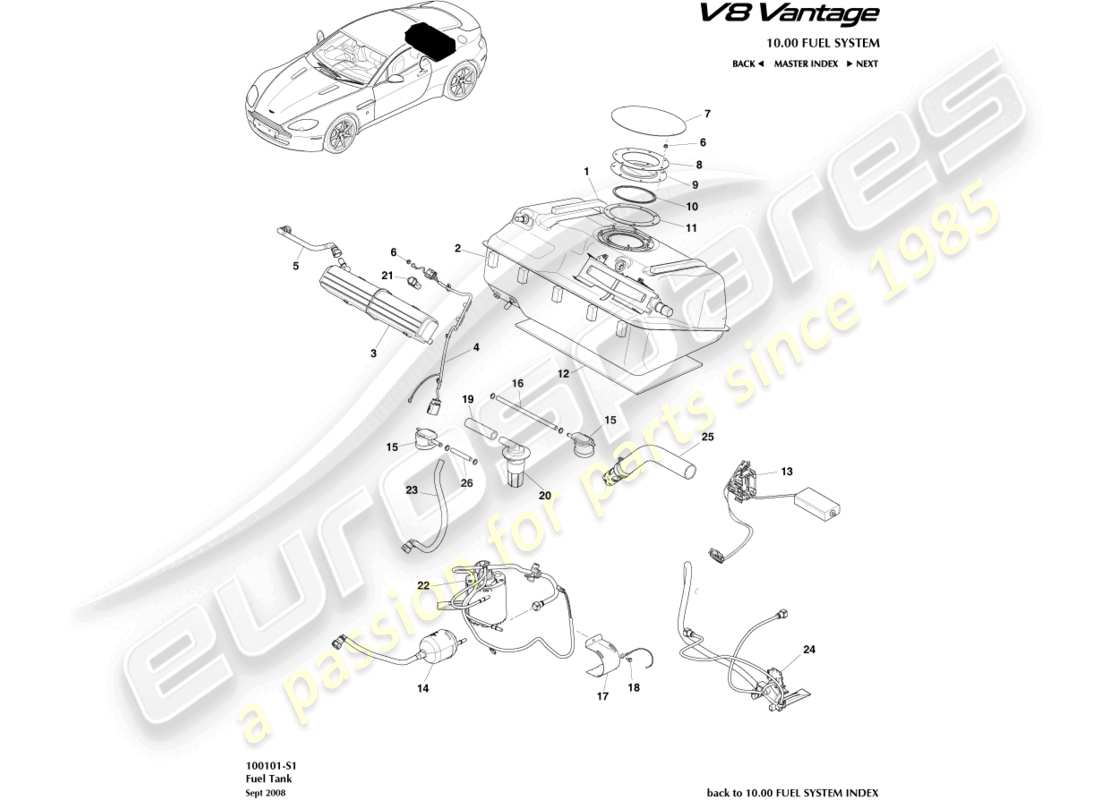 aston martin v8 vantage (2008) ensemble de réservoir de carburant, vers 13my schéma de pièce