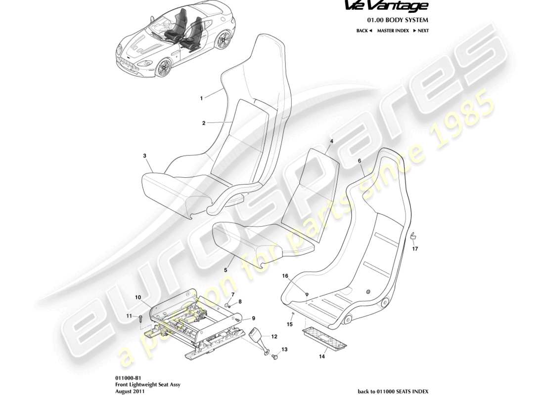 aston martin v12 vantage (2013) schéma des pièces du siège léger avant