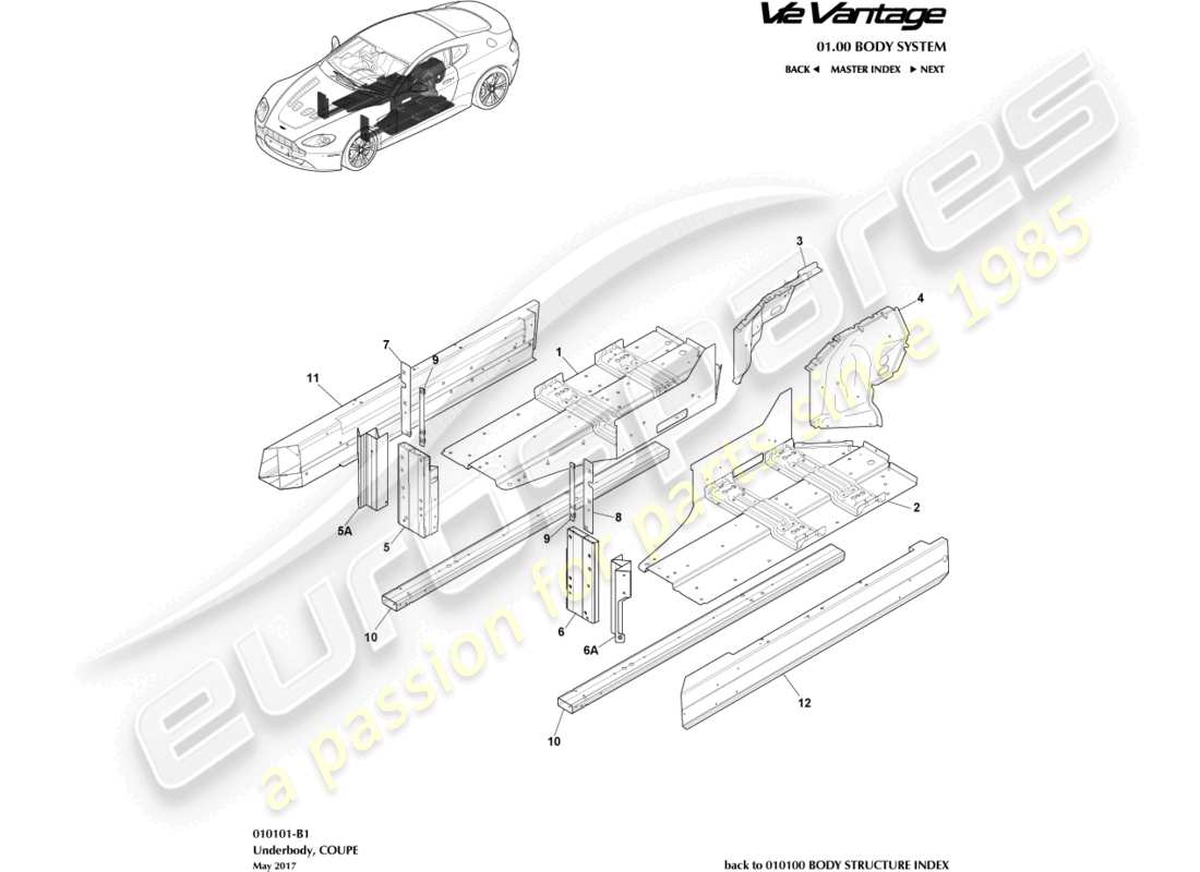 aston martin v12 vantage (2013) schéma des pièces du dessous de caisse du coupé