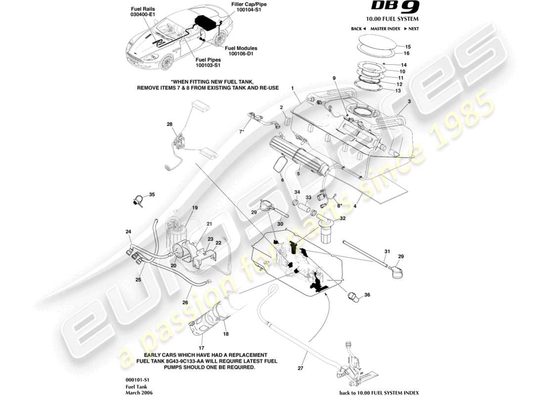 aston martin db9 (2008) schéma des pièces de l'ensemble de réservoir de carburant