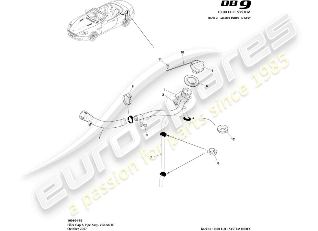 aston martin db9 (2011) bouchon et tuyau de remplissage de carburant, diagramme de pièce volante