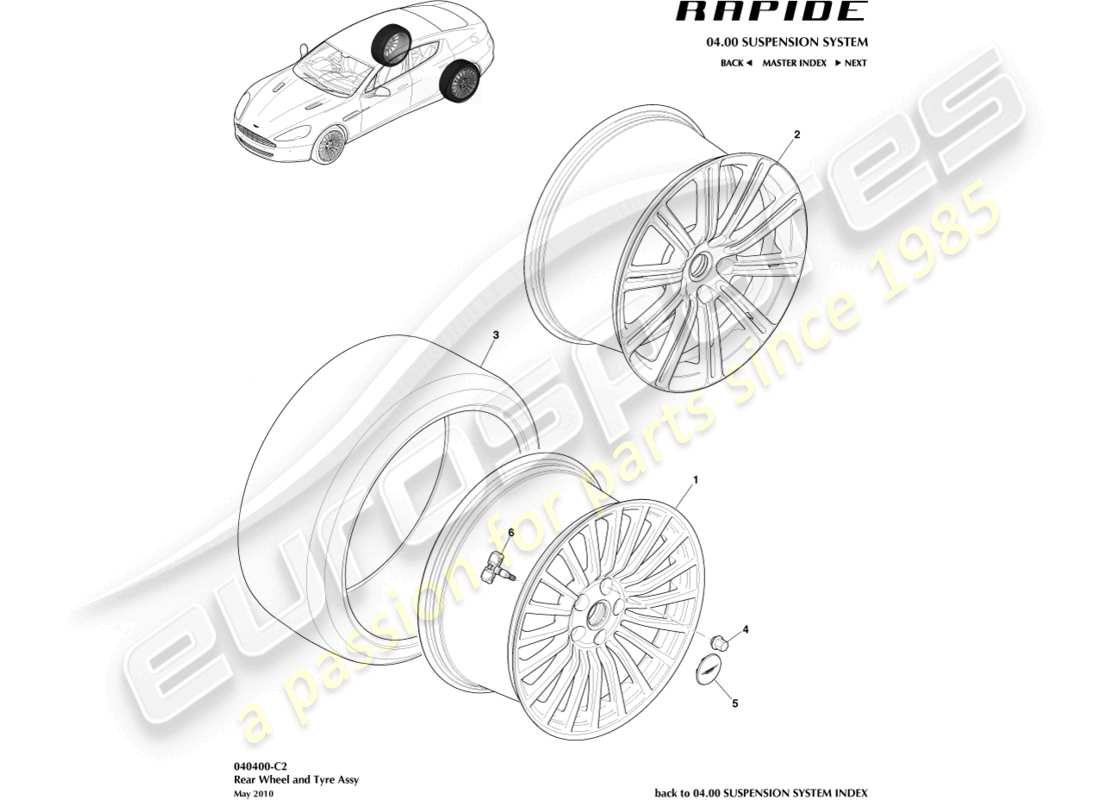 aston martin rapide (2010) roues et pneus, arrière à 13my, diagramme de pièce