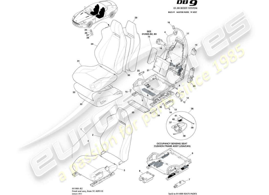 aston martin db9 (2012) siège avant de (v) a09110 schéma des pièces