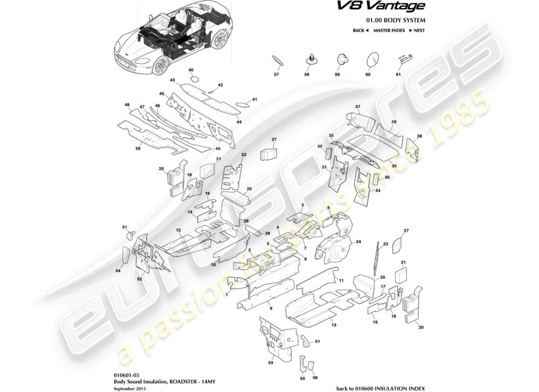 aston martin v8 vantage (2010) isolation de carrosserie, roadster, 14my diagramme de pièce