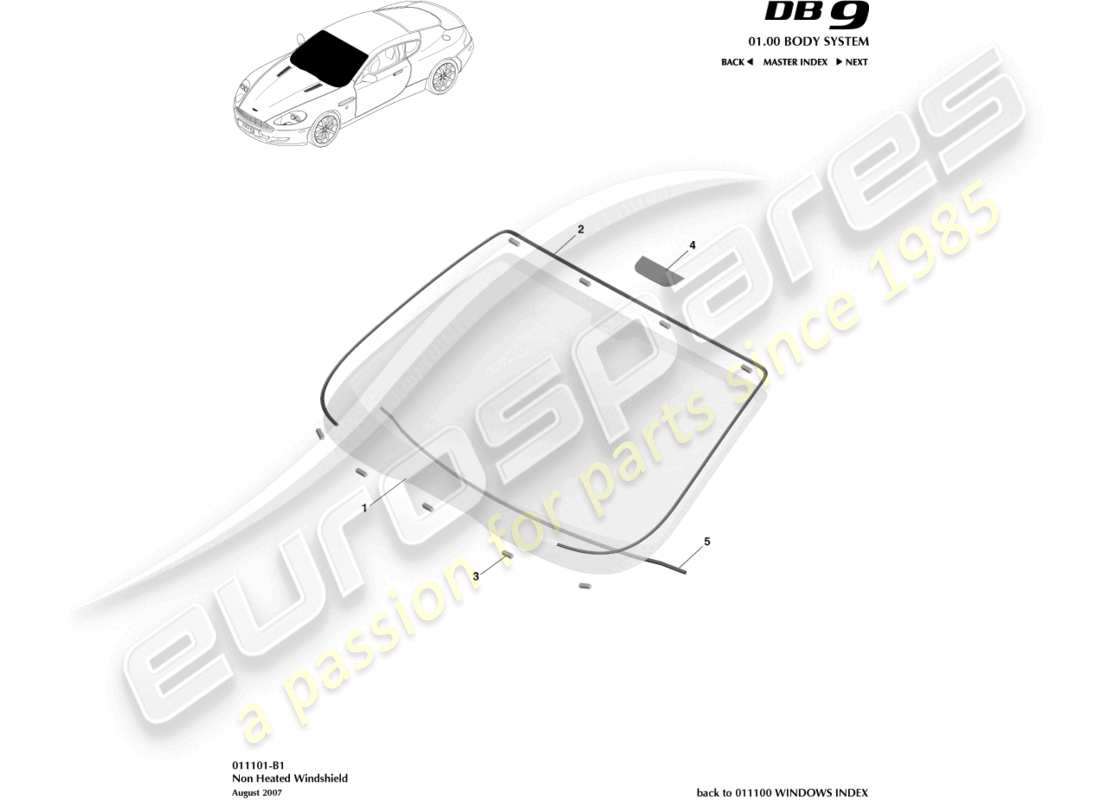 aston martin db9 (2009) winscreen, diagramme de pièce non chauffant