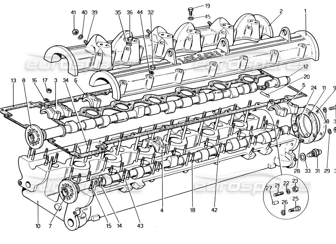 ferrari 365 gt4 2+2 (1973) schéma des pièces de la culasse (droite)