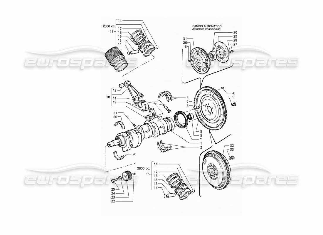 maserati qtp v6 (1996) diagramme des pièces du vilebrequin, des pistons, des bielles et du volant moteur