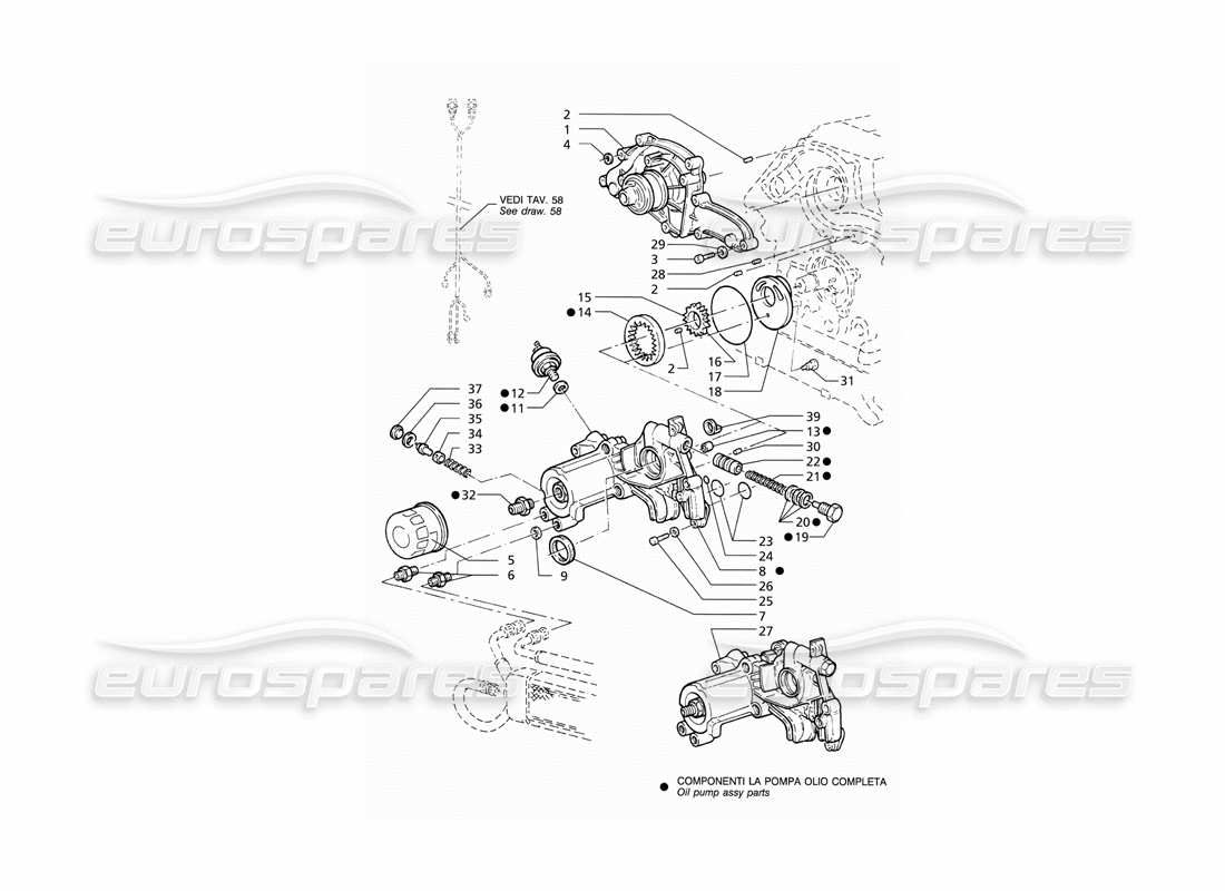 maserati qtp v6 (1996) schéma des pièces de la pompe à huile et de la pompe à eau