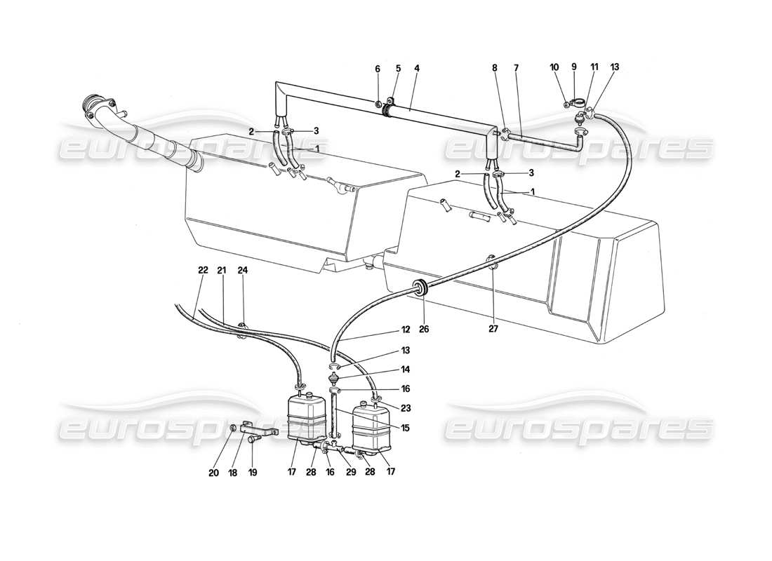 ferrari testarossa (1987) schéma des pièces du système de contrôle des émissions anti-évaporation (pour les états-unis et l'afrique du sud)