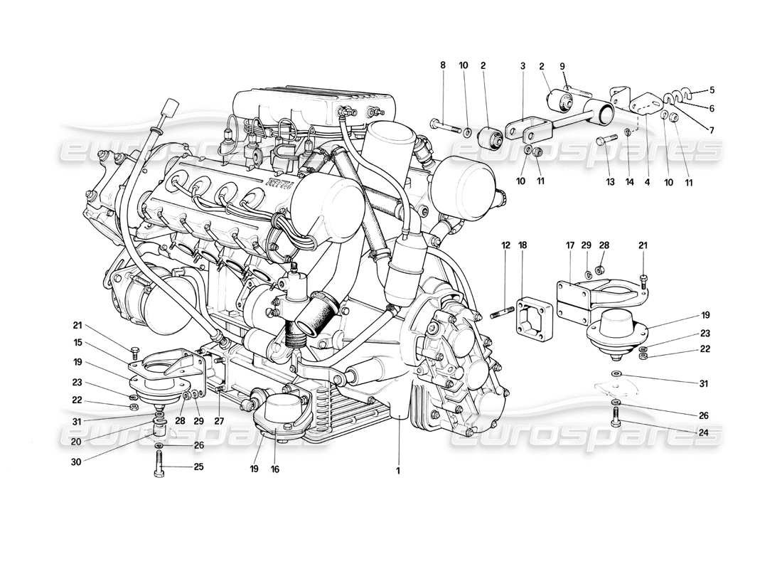 ferrari mondial 3.0 qv (1984) moteur - schéma des pièces de la boîte de vitesses et des supports