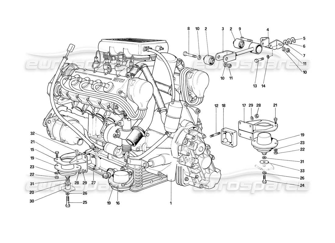 ferrari mondial 3.2 qv (1987) moteur - schéma des pièces de la boîte de vitesses et des supports