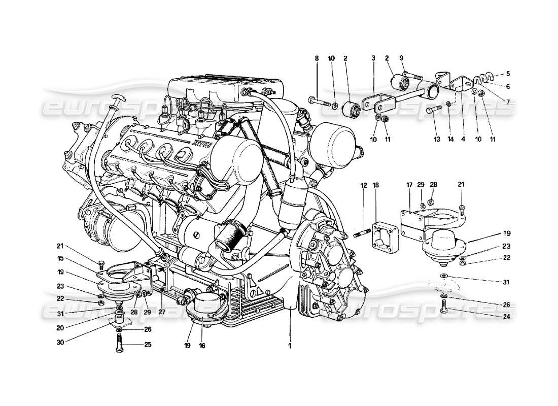 ferrari 308 quattrovalvole (1985) moteur - schéma des pièces de la boîte de vitesses et des supports