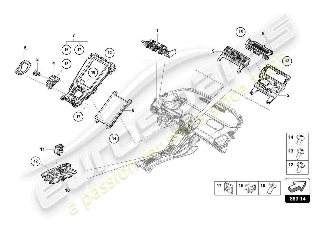 lamborghini tecnica (2023) console centrale, partie supérieure schéma des pièces