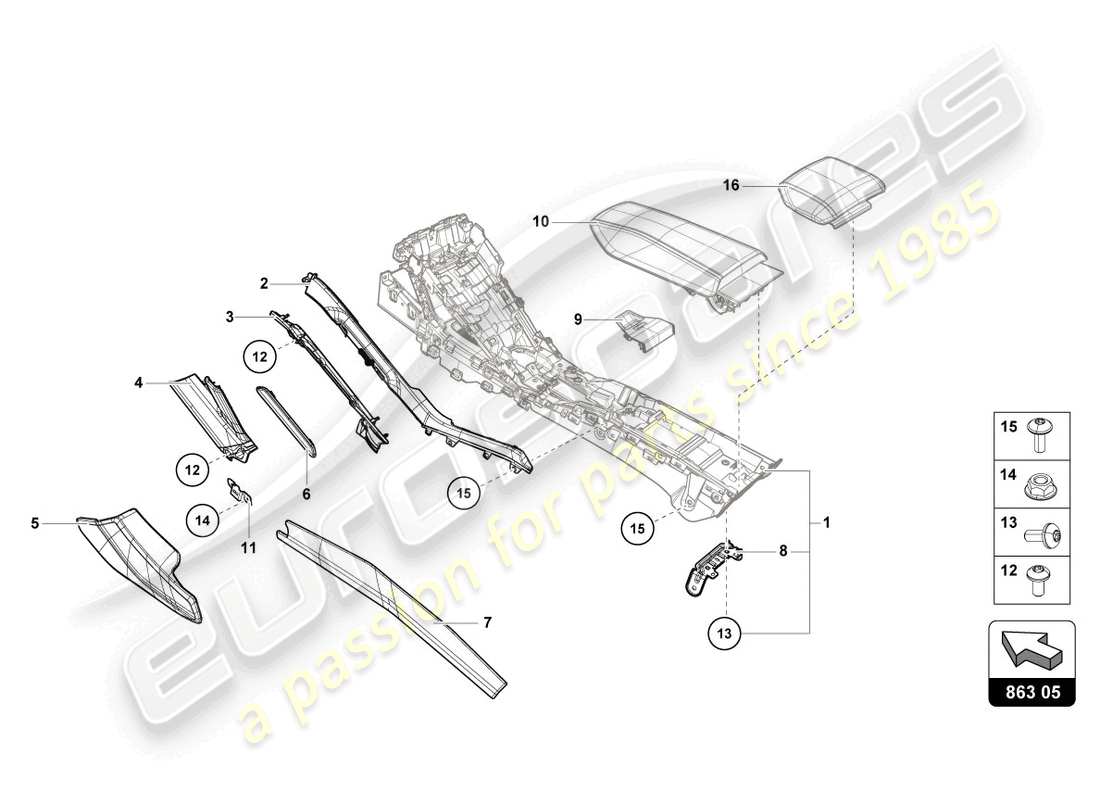 lamborghini 2023 (evo spyder 2wd) garniture de tunnel schéma des pièces