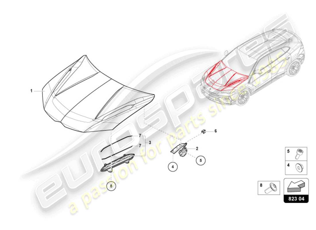 lamborghini urus s (2024) diagramme de pièce de capot