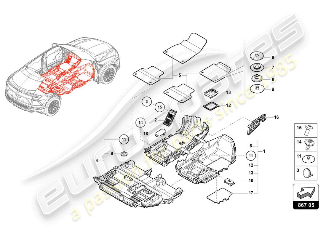 lamborghini urus performante (2024) tapis de protection schéma des pièces