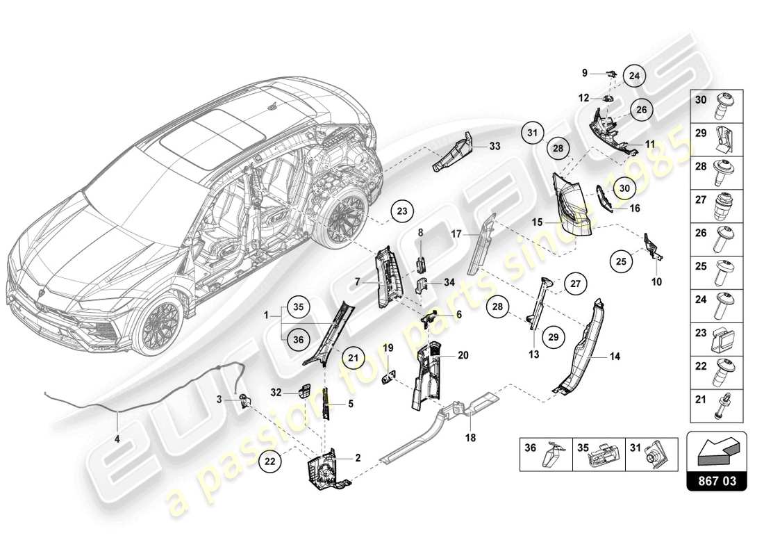 lamborghini urus performante (2024) garniture de pilier schéma des pièces