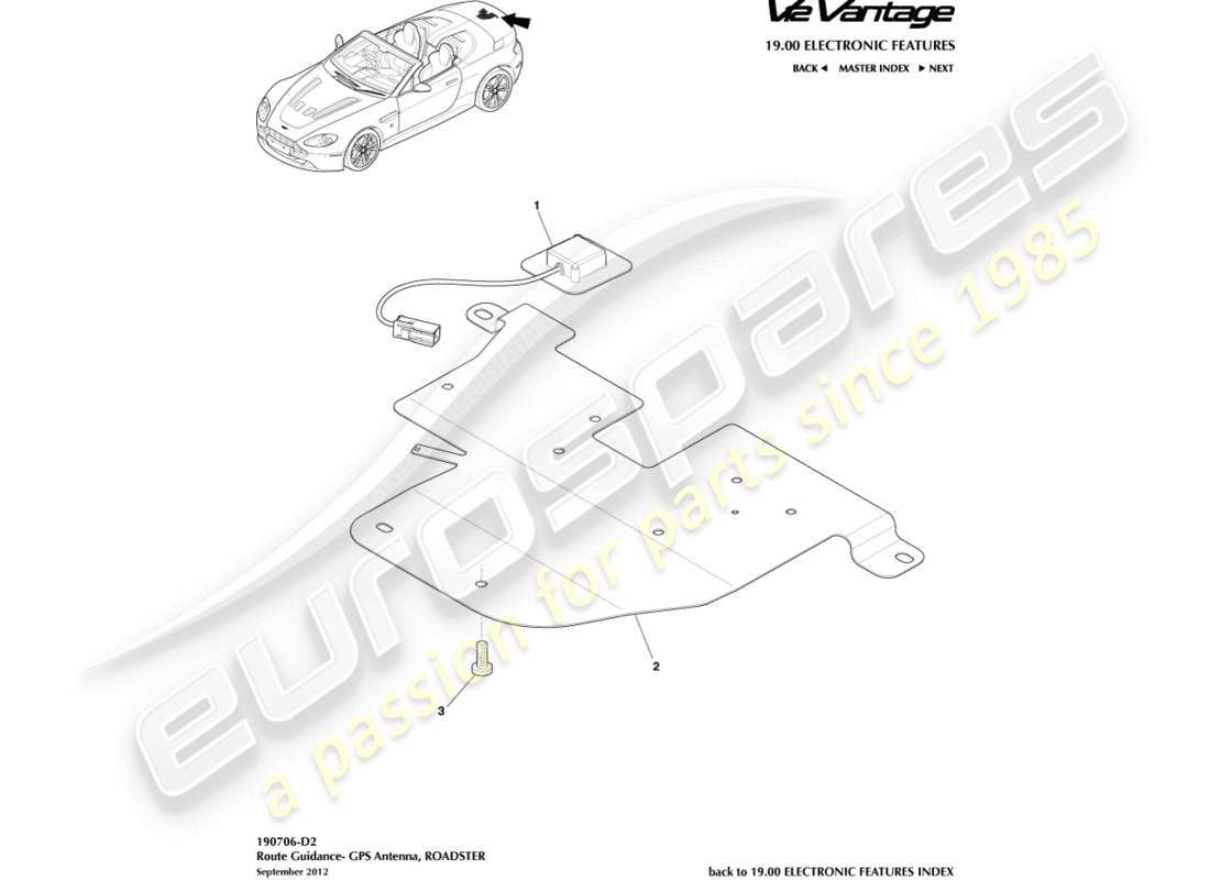 aston martin v12 vantage (2010) antenne gps, diagramme de pièce du roadster