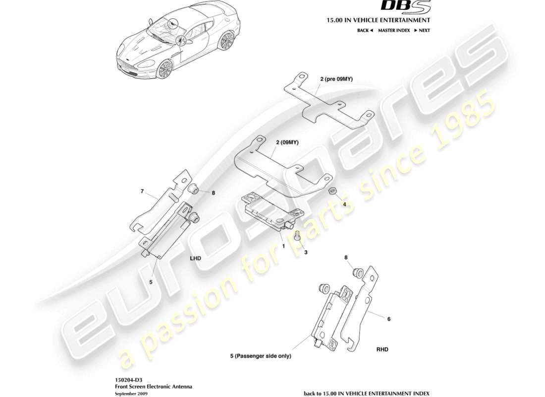aston martin dbs (2010) antenne électronique, diagramme de pièces de pare-brise