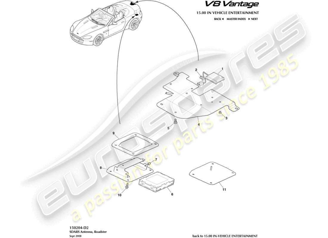 aston martin v8 vantage (2018) antenne sdars, diagramme de pièce du roadster