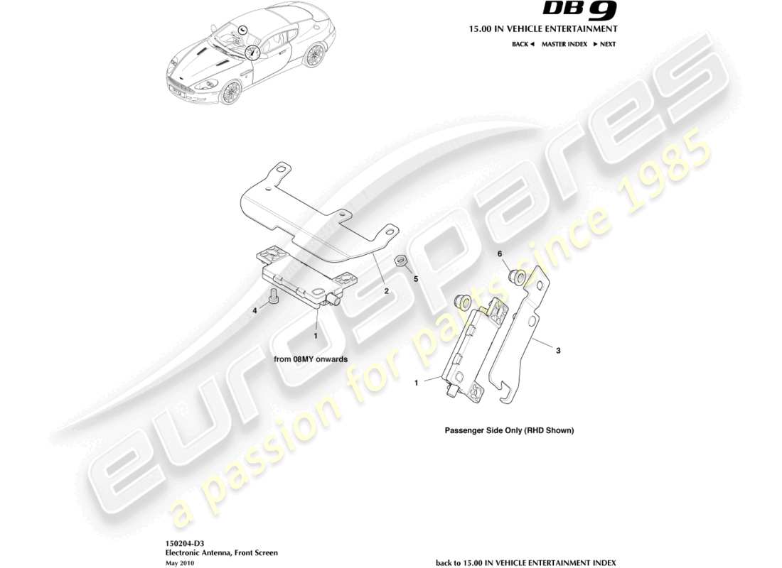 aston martin db9 (2010) antenne électronique, diagramme de pièces de pare-brise