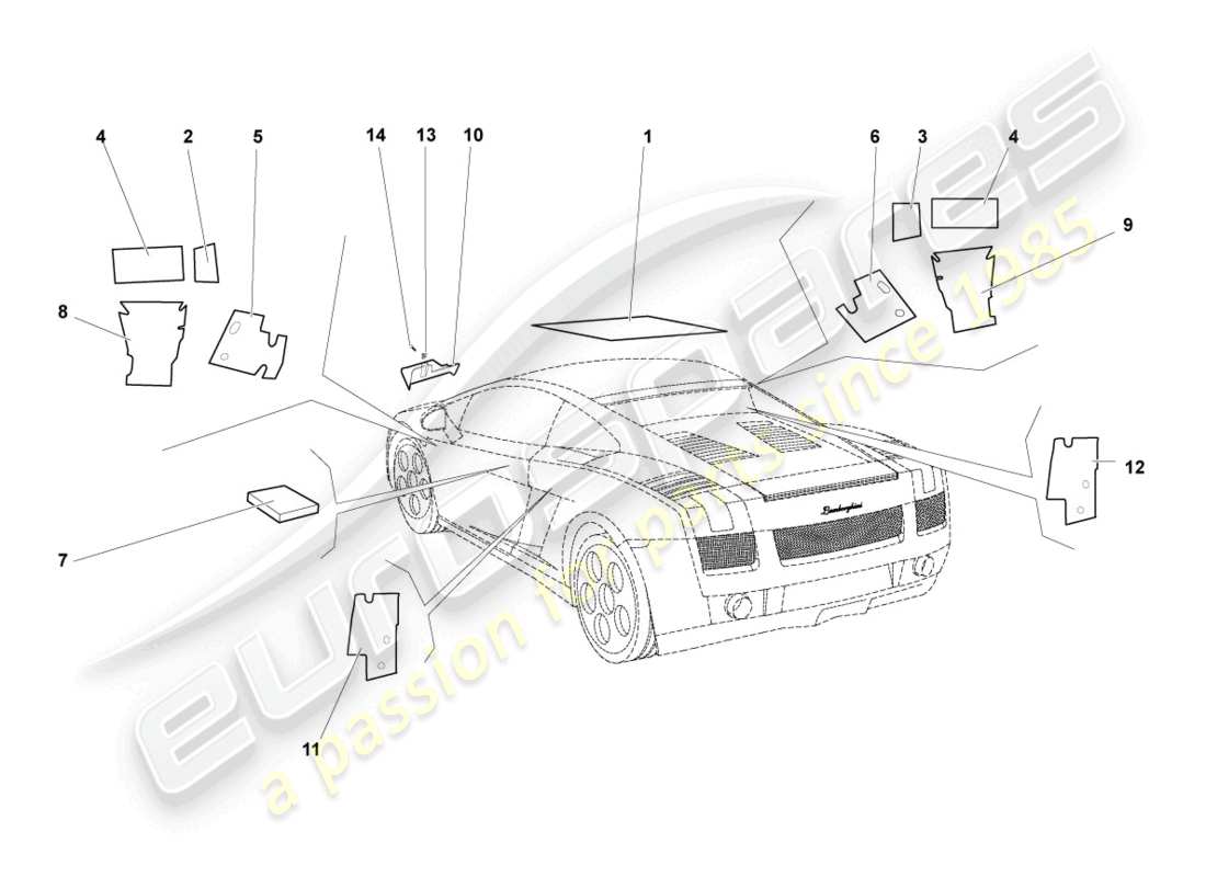 lamborghini gallardo coupe (2004) absorbeurs acoustiques schéma des pièces