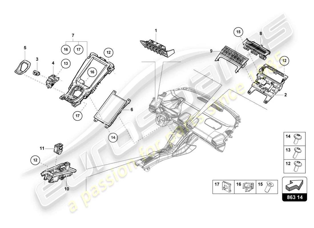 lamborghini evo spyder 2wd (2022) console centrale, partie supérieure schéma des pièces