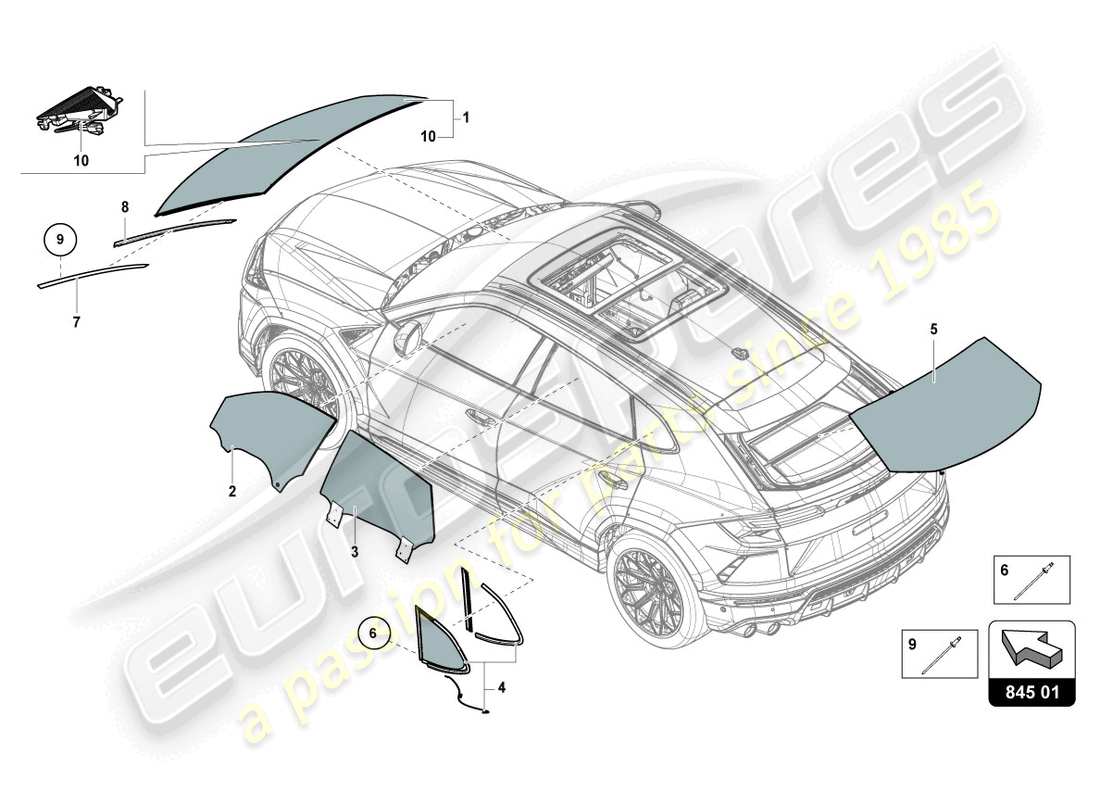 lamborghini urus s (2024) lunettes de fenêtre schéma des pièces