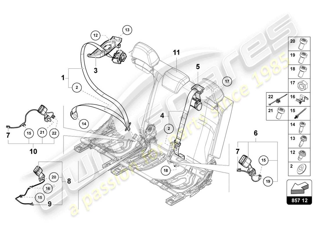 lamborghini urus (2020) ceinture de sécurité à trois points 3. banquette schéma des pièces