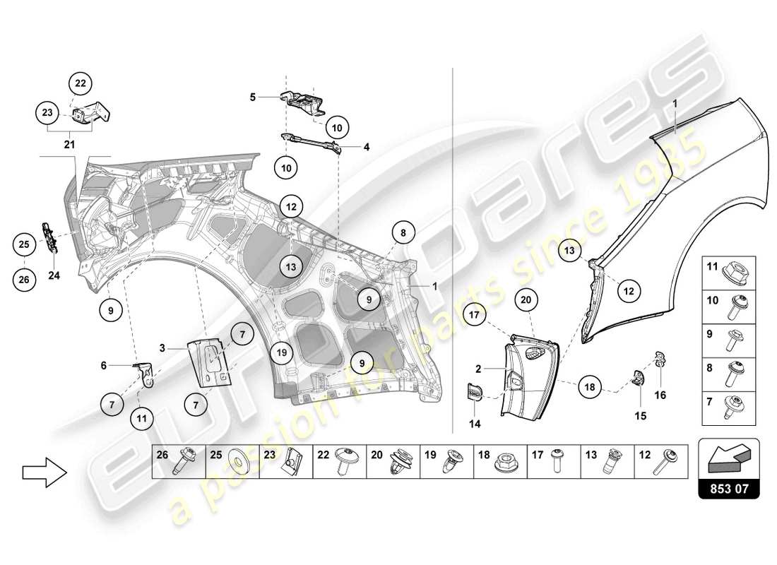 lamborghini evo spyder 2wd (2022) schéma des pièces du protecteur d'aile