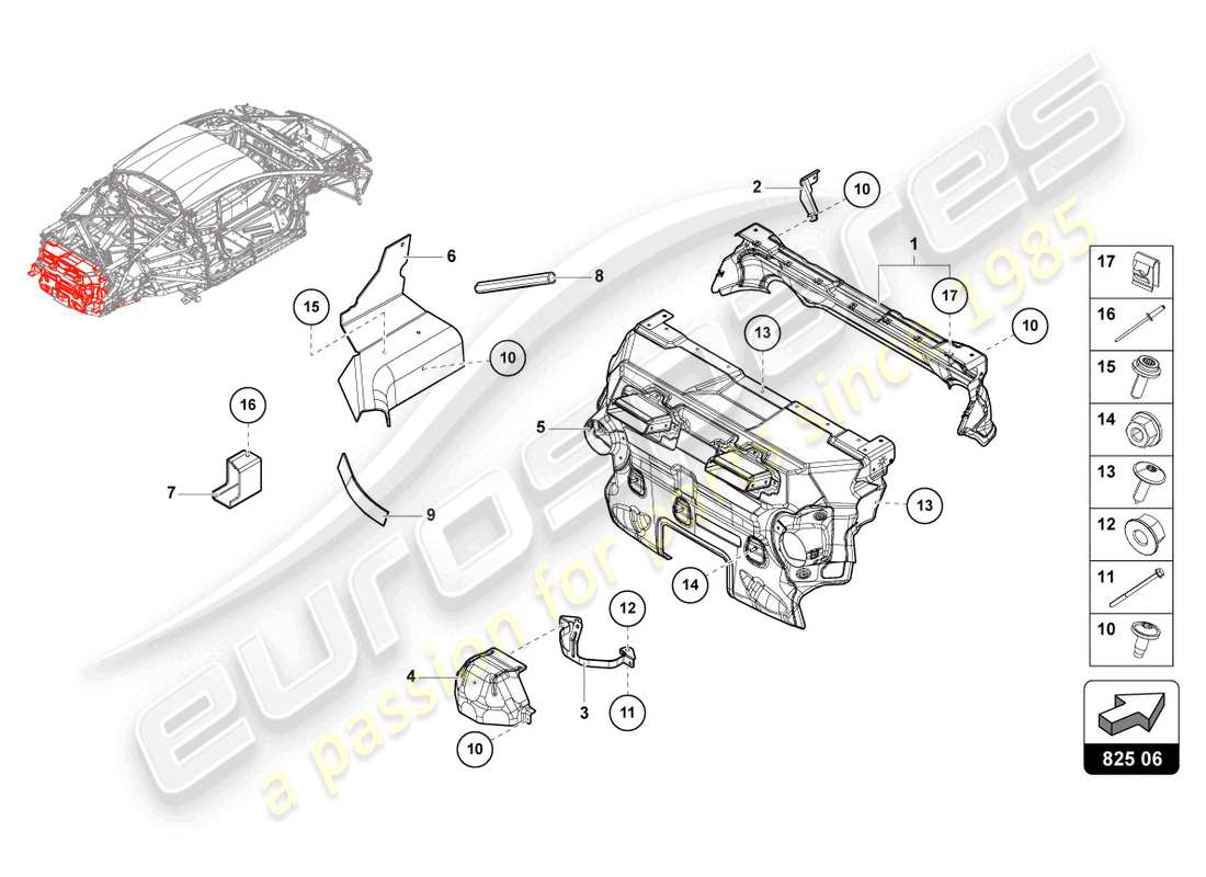 lamborghini evo spyder 2wd (2022) schéma des pièces du bouclier thermique 'opf'