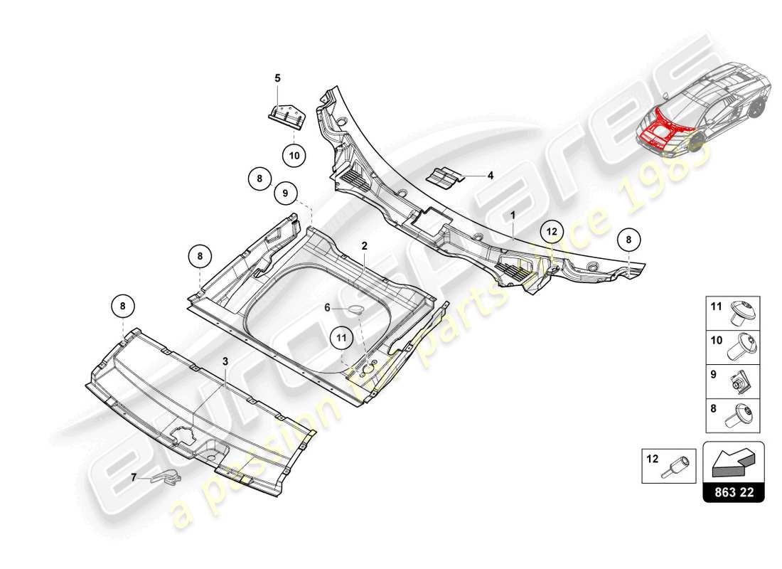 lamborghini countach lpi 800-4 (2022) comp. bagages revêtement de sol schéma des pièces