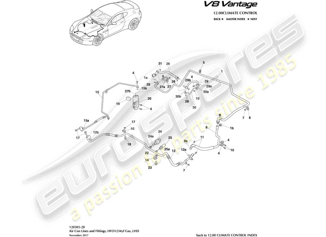 aston martin v8 vantage (2014) conduites de climatisation, hfo1234yf gaz, diagramme de pièces lhd