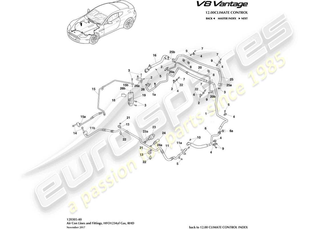 aston martin v8 vantage (2010) conduites de climatisation, hfo1234yf gaz, diagramme de pièces rhd