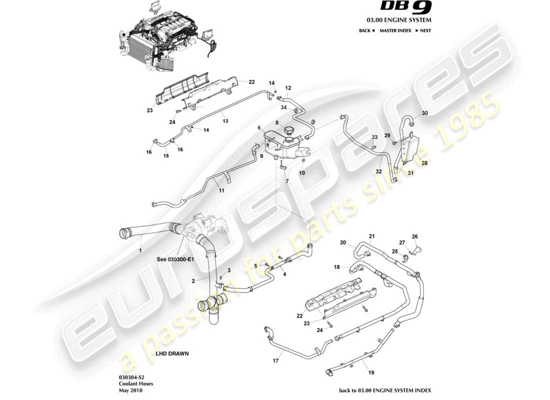 aston martin db9 (2007) tuyaux et réservoir de liquide de refroidissement schéma des pièces