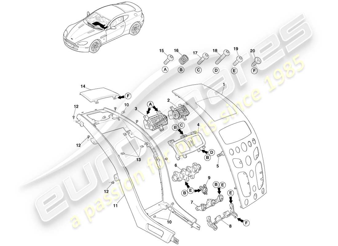 aston martin v8 vantage (2007) colonne centrale, asm, diagramme de pièces 16my
